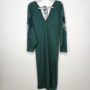 Zara Lace Sleeve Slouchy Maxi Dress Size L Green V-neck Side Slit Garden Goth